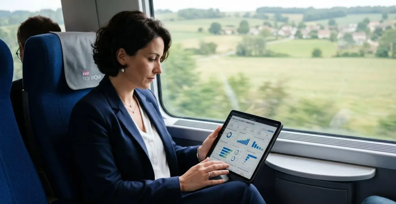 Commerciale française consultant tableau de bord KPIs pipeline sur tablette dans TGV en déplacement professionnel