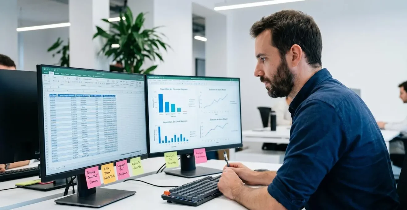 Data analyst consultant deux écrans affichant tableurs de scoring comportemental et graphiques de segmentation dans bureau startup tech français