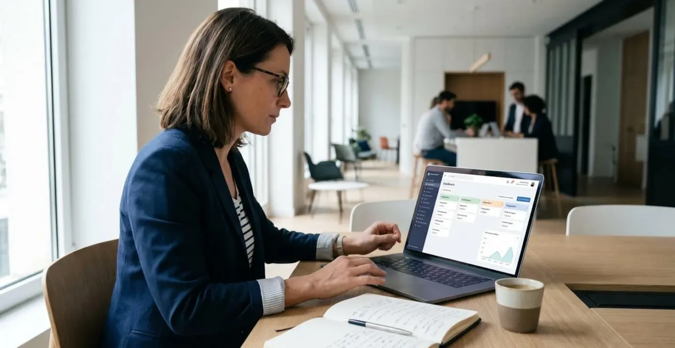 Directrice commerciale française travaillant sur ordinateur portable affichant dashboard CRM avec pipeline de vente structuré, dans bureau contemporain lumineux
