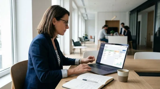 Directrice commerciale française travaillant sur ordinateur portable affichant dashboard CRM avec pipeline de vente structuré, dans bureau contemporain lumineux
